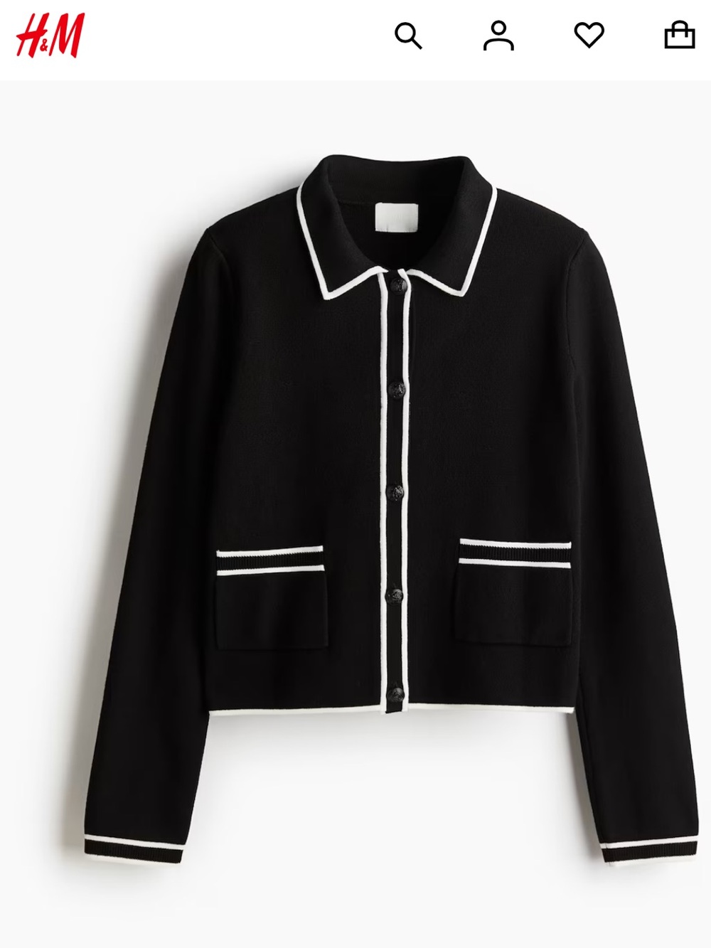 H&M Black Knit Cardigan with White Stripe Trim Size M Preppy Chic Old Money